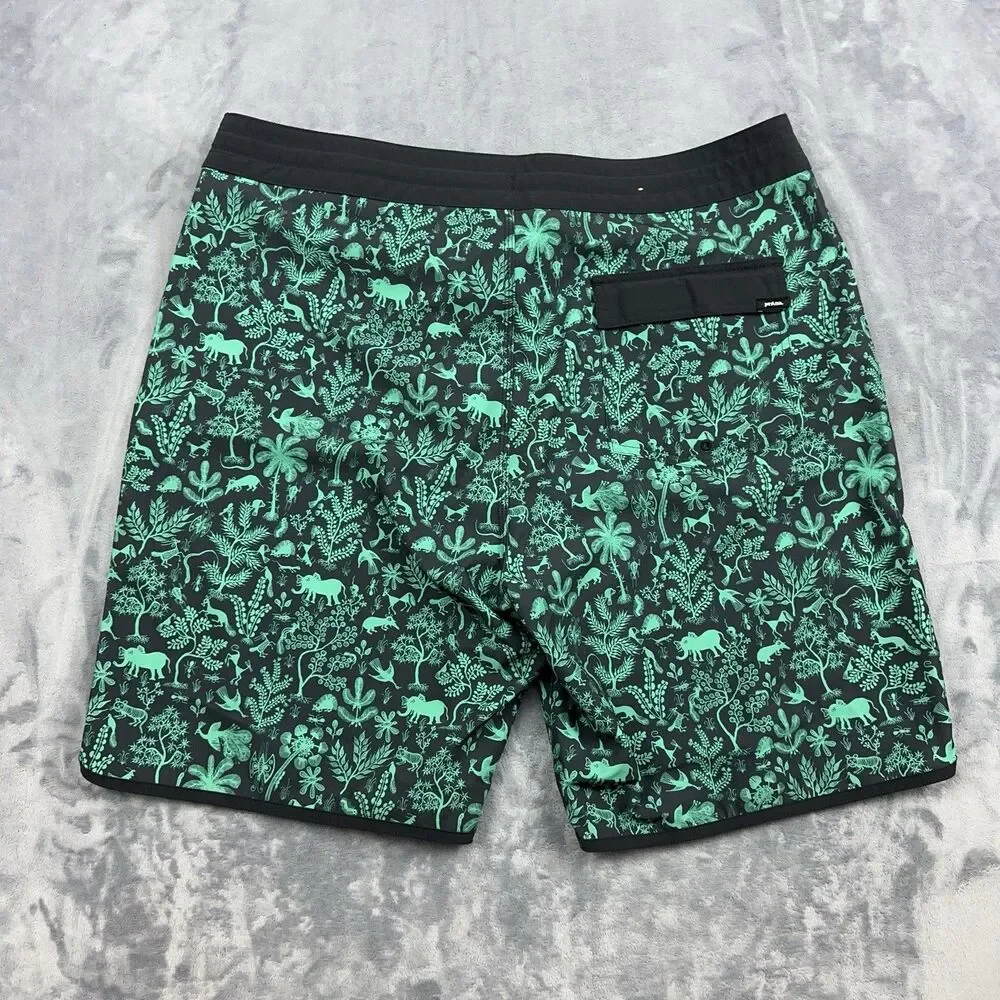 PRANA Roots Studio Board Shorts Mens Size 35 Black Green Beach Swim Surf